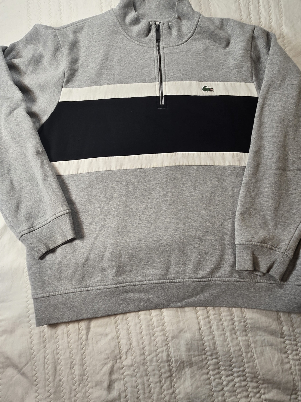 Lacoste Men's Grey Quarter-Zip Sweatshirt with Black and White Stripes